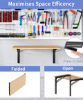 Heavy Duty 24 Inch Folding Shelf Bracket Rock Solid Black Steel Wall Mount open and folded showing space efficiency and utility.
