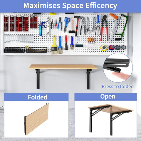 Heavy Duty 24 Inch Folding Shelf Bracket Rock Solid Black Steel Wall Mount open and folded showing space efficiency and utility.