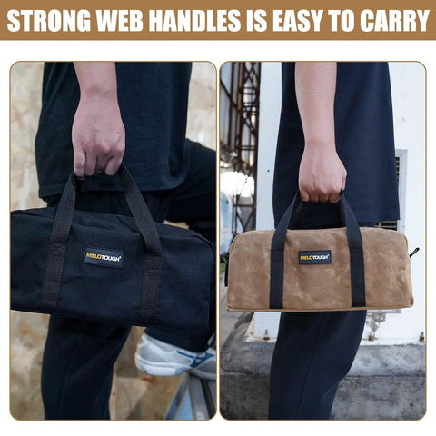 Person carrying Workhorse Waxed Canvas Tool Tote Bag Set With Two Medium Tool Organizer Bags, tan and black, in each hand