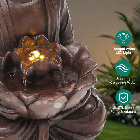 Buddha Outdoor Water Fountain With LED Lights And Pump, Zen Style Garden Waterfall For Patio Or Yard, Faux Bronze Finish