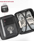 Star Cloud rigid-frame rolling laptop bag, black water-resistant briefcase opened to show interior pockets and clothes.