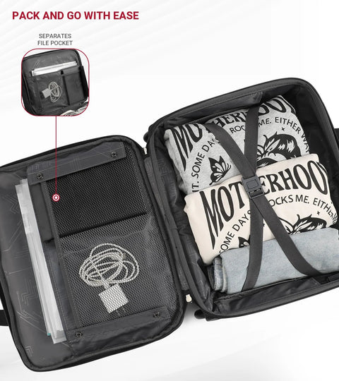 Star Cloud rigid-frame rolling laptop bag, black water-resistant briefcase opened to show interior pockets and clothes.