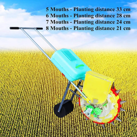All In One Garden Seeder With Ten Seed Plates, No Bend Push Spreader For Precision Planting, shown in a field