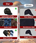 Comparison of reversible cotton welding cap for men and women, flame resistant welder hat, high crown, set of 3, multicolor paisley pattern highlighting design and material differences.
