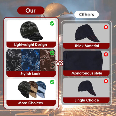 Comparison of reversible cotton welding cap for men and women, flame resistant welder hat, high crown, set of 3, multicolor paisley pattern highlighting design and material differences.