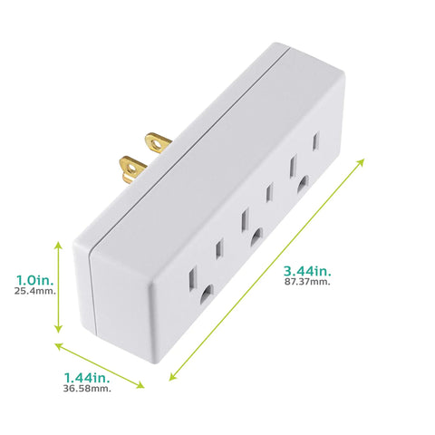 3-Outlet Wall Tap Extender 2 Pack Grounded Power Splitter For Home Office Dorm Use, dimensions and plug details shown