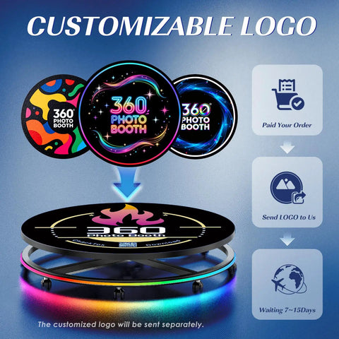 Customizable logo options for 360 Spin Photo Booth With Ring Light And RGB Lighting, Remote App Control, Automatic 360 Rotation.