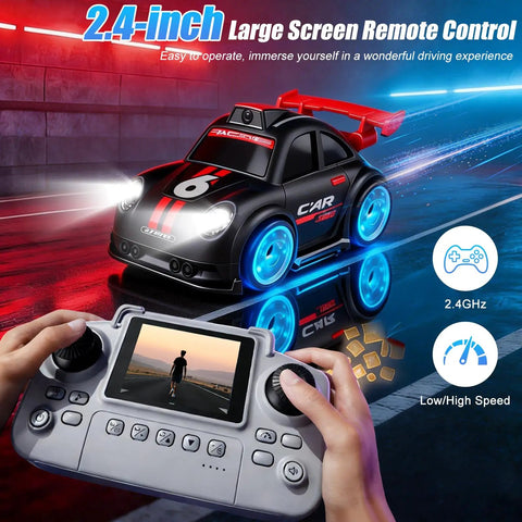 FPV Mini RC Car With Camera And 2.4 Inch Screen, sleek black design, dual control, drifting on reflective track.