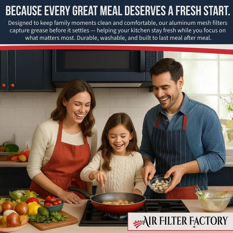 Family cooking under a range hood with Replacement 30-Inch Range Hood Grease Filter 99010299 BPS1FA30 2-Pack installed.