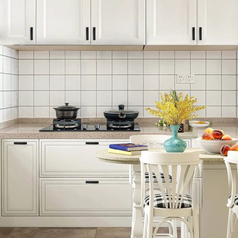 Self Adhesive Cabinet Handles 5.83 Inch Black Zinc Alloy Drawer Pulls installed in a white kitchen.