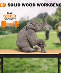 Elephant sitting on 70 Inch Adjustable Rolling Workbench with Heavy Duty 2000 Lbs Capacity Rubber Wood Top Power Outlets And Pegboard Storage