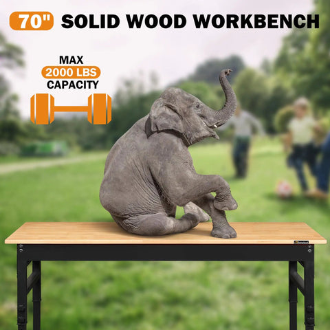 Elephant sitting on 70 Inch Adjustable Rolling Workbench with Heavy Duty 2000 Lbs Capacity Rubber Wood Top Power Outlets And Pegboard Storage