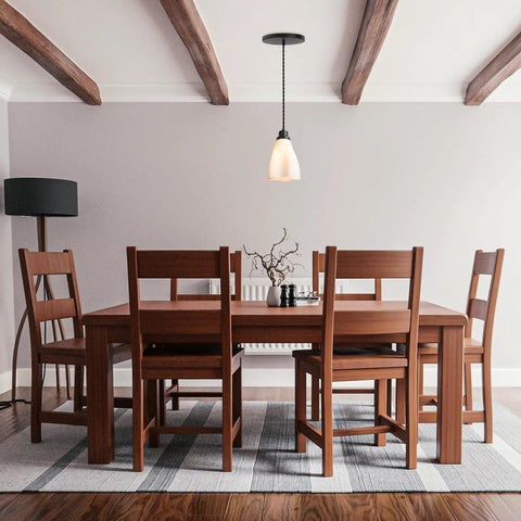 Kiven Instant Light Conversion Kit for 4/5/6inch Hole, 1-Light Glass Farmhouse Lighting in dining area with wood table and chairs.