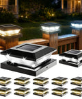 Super Sleek 4x4 Solar Post Cap Lights 12 Pack for Fences And Decks on wooden posts illuminating pathways at dusk.