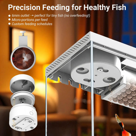 Top Tier Ready Slick Desktop Aquarium Kit With Smart App Control And Built In Auto Feeder 1.3 Gallon Small Fish Tank precision feeding mechanism with micro-portions for tiny fish.