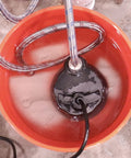Tankless Water Heater Descaling Flush Kit with heavy duty pump and steel hoses submerged in 3.5 gallon bucket for cleaning.