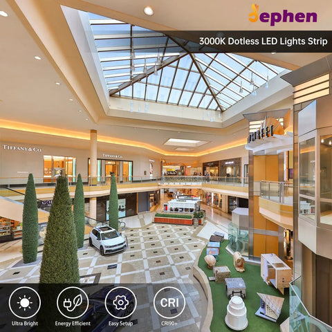 Shopping mall interior lit by 65.6ft 20m 3000K COB LED Strip Lights With 504 LEDs Per Meter DC48V Flexible Rope Light CRI 90 Plus 3M Tape