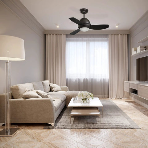 Living room with Dope Outdoor Ceiling Fan With Remote And Dimmable LED Light Kit 44 Inch Bronze Low Profile With Weather Resistant Blades