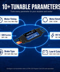 Diagram showing Beatles G2 30A ESC for RC Plane and Fixed Wing Aircraft with tunable parameters including BEC voltage and brake type.