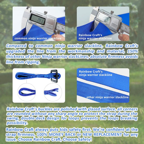 Comparison of Ninja Warrior Obstacle Course slacklines showing thickness, details, and safety features for kids' outdoor play.