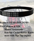 Go Kart Drive Belt For Coleman KT196 30 Series Torque Converter 196cc Engines heavy-duty belt on display, with kart backdrop