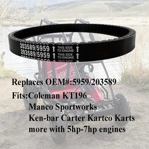 Go Kart Drive Belt For Coleman KT196 30 Series Torque Converter 196cc Engines heavy-duty belt on display, with kart backdrop
