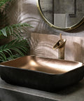 USZWBY Vessel Sinks Bathroom Sink, Art Ceramic Rectangular Vessel Basin Vanity, Under Cabinet Countertop for, Black Bathroom Bowl Sink with bronze interior and sleek design.