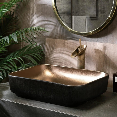 USZWBY Vessel Sinks Bathroom Sink, Art Ceramic Rectangular Vessel Basin Vanity, Under Cabinet Countertop for, Black Bathroom Bowl Sink with bronze interior and sleek design.