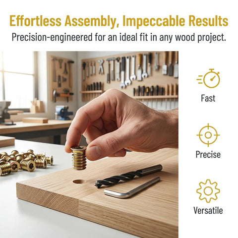 Top Tier Wood Threaded Insert Kit With 1/4-20 Hex Drive Bolts For Super Easy Furniture Assembly And Super Tight Wood Joint Connections That Work Like A Charm. hand placing brass wood insert in drilled board