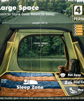 Interior of Go To Family Size Four Person Camping Tent With Ultra Spacious Extended Floor Design showing sleep and gear zones.