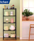 Built Tough Five Tier Wire Shelving Unit Black Metal Storage Rack With Adjustable Height For Laundry Room Kitchen Pantry Closet, displaying kitchen items.