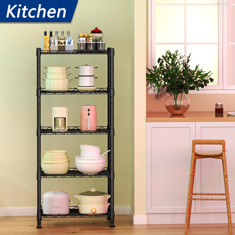 Built Tough Five Tier Wire Shelving Unit Black Metal Storage Rack With Adjustable Height For Laundry Room Kitchen Pantry Closet, displaying kitchen items.