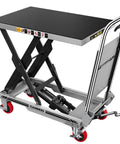 Side view of CAMMOO hydraulic lift table cart, gray with black ribbed top, red wheels, 500 lb capacity.