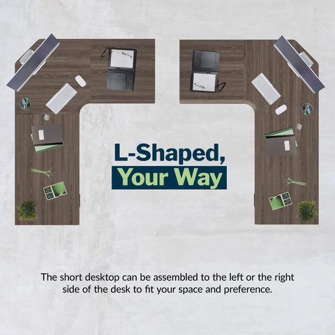 L Shape Electric Standing Desk With Height Adjustable Sit Stand Design For Corner Office Reversible Left Right Layout No Sweat Setup Espresso Top Slate Frame Rock Solid Workstation, top view showing layout and configuration.