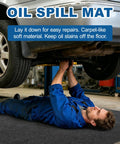 Mechanic working under car with Garage Oil Spill Mat 36 By 59 Inches Dual Layer Absorbent Felt Top With Rubber Backing
