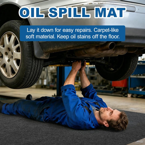 Mechanic working under car with Garage Oil Spill Mat 36 By 59 Inches Dual Layer Absorbent Felt Top With Rubber Backing