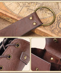 Dope 3 Piece Renaissance Accessories Set Featuring Legit Vintage Viking Belt And Premium Crafted Leather Bracers For Badass Medieval Cosplay Festival Flex showing brown leather utility pouch with brass ring and snap.