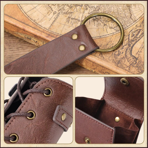 Dope 3 Piece Renaissance Accessories Set Featuring Legit Vintage Viking Belt And Premium Crafted Leather Bracers For Badass Medieval Cosplay Festival Flex showing brown leather utility pouch with brass ring and snap.