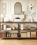 Game Changer Three Tier Industrial Console Table With Real Deal Storage Shelves Narrow Sofa Table For Entryway Foyer Living Room Decor Built Tough Rustic Brown Wood And Black Metal Frame in a stylish living room.