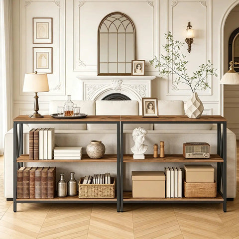 Game Changer Three Tier Industrial Console Table With Real Deal Storage Shelves Narrow Sofa Table For Entryway Foyer Living Room Decor Built Tough Rustic Brown Wood And Black Metal Frame in a stylish living room.