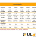 Glass Beaker Set With Magnetic Stir Bar For Lab Use Five Sizes 50mL 100mL 250mL 500mL 1000mL chart with dimensions