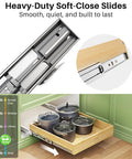 Heavy Duty Wood Cabinet Pullout Organizer With Super Slick Soft Close Glide Rollout Drawer For Pots And Pans Kitchen Storage Rack showing slides and pot storage.