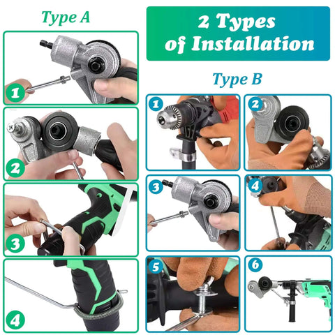 Instructional diagram showing 2 installation methods for the Beefy Heavy Duty Metal Sheet Cutter Drill Attachment With Serrated Wheel, Type A and B.