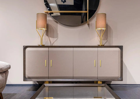 Modern sideboard with 40 Pack Three And Three Quarter Inch Square Cabinet Handles in Brushed Brass Finish and stylish decor.