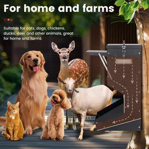 Built Tough Automatic Dog Feeder For Large Breeds Outdoor Gravity Pet Food Dispenser With 25 Pound Capacity, shown with various animals.