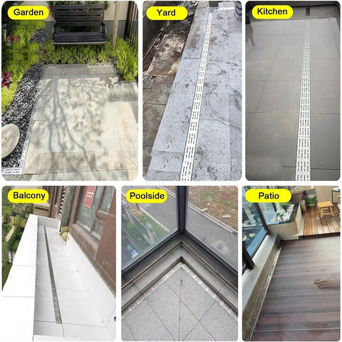 Beefy Heavy Duty Stainless Outdoor Trench Drainage Kit installed in various locations like garden, yard, and poolside with slim low profile grate.
