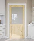 36 Inch By 80 Inch Pine Wood Slab Door With Half Frosted Glass For Interior Rooms, Farmhouse Shaker Style installed in kitchen