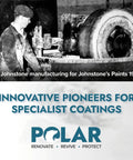Historical photo of Ian Johnstone working in a paint manufacturing facility in 1946, highlighting innovative specialist coatings.
