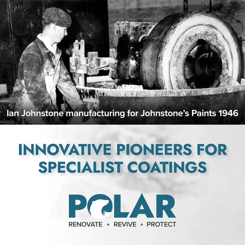 Historical photo of Ian Johnstone working in a paint manufacturing facility in 1946, highlighting innovative specialist coatings.