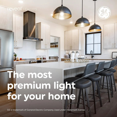 Modern kitchen with hanging lights, highlighting 60W Replacement LED Globe Bulbs G25 2 Pack, warm and energy-efficient lighting.